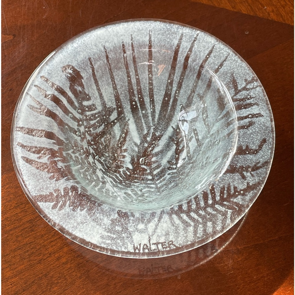 Edwin Walter Fused Glass Fern Design Art Glass Bowl, Clear and Frosted